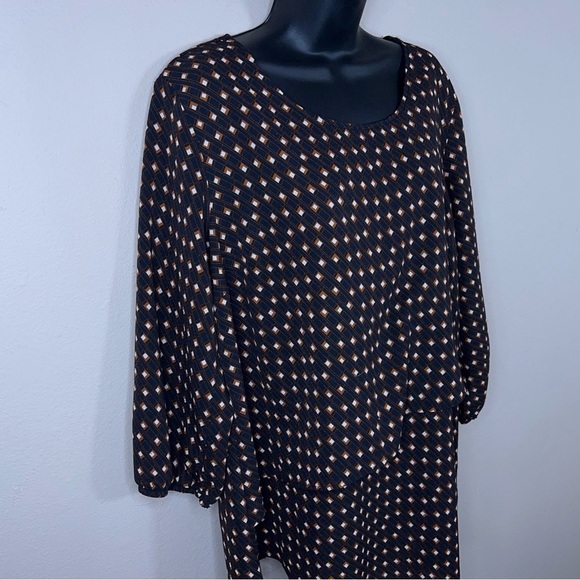 LARGE APT 9 BLACK BROWN WHITE SQUARE PRINT ART DECO BLOUSE STRETCH - Picture 3 of 12